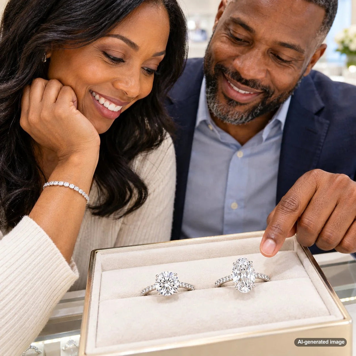 Round and oval lab diamond engagement rings compared for visual size and finger coverage