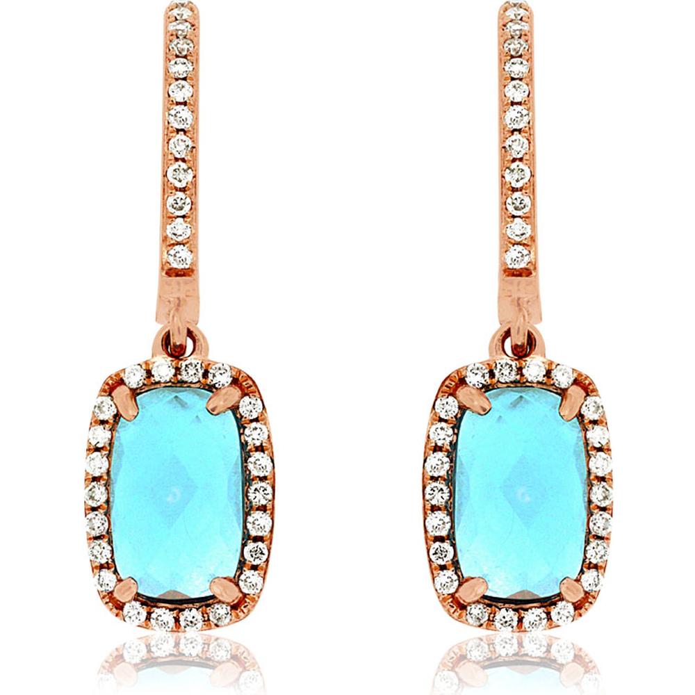 Royal 14K Rose Gold Earrings with Cushion Cut Blue Topaz and Diamond Halo