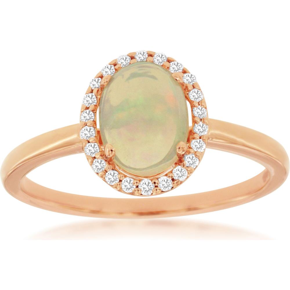 Royal 14K Rose Gold Halo Ring featuring a vibrant oval opal surrounded by sparkling diamond accents