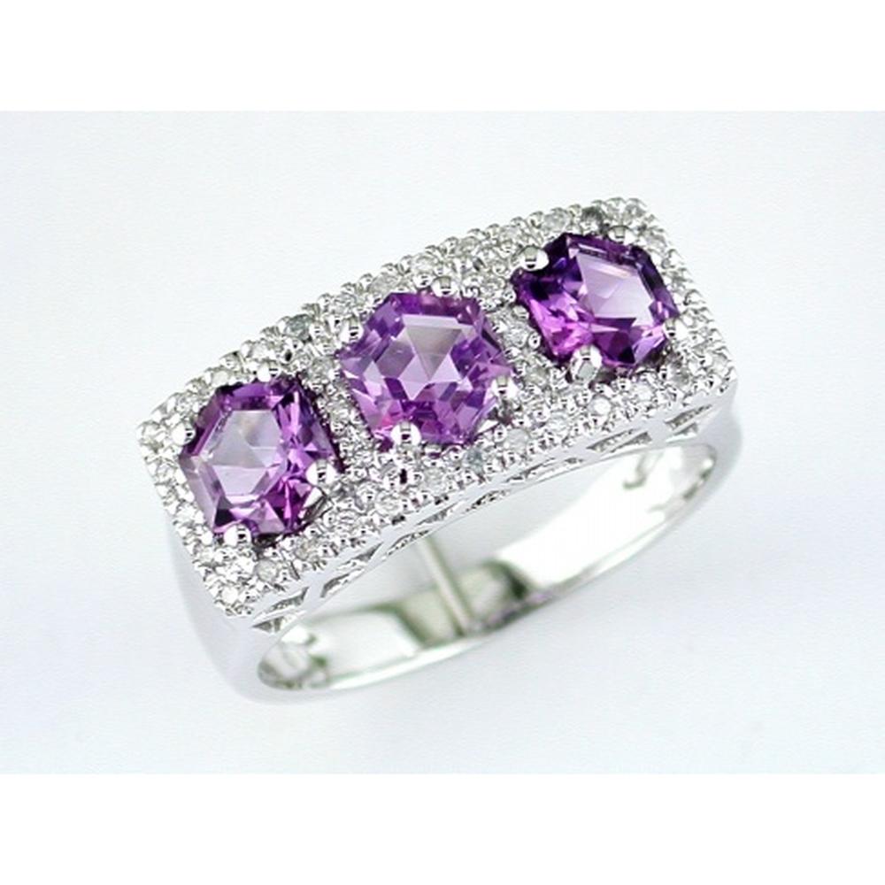 Royal 14k White Gold Amethyst and Diamond Three-Stone Ring