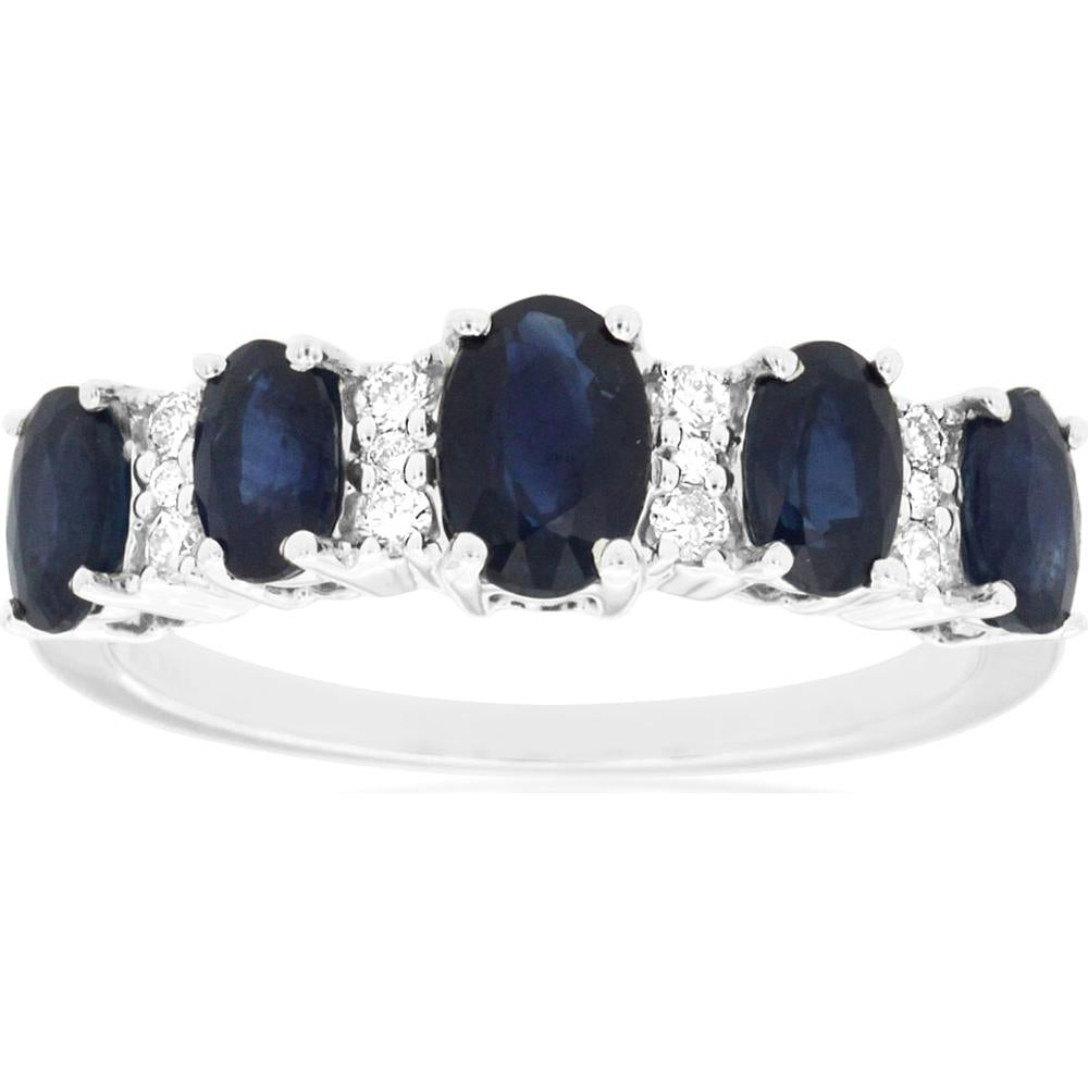 Royal 14K White Gold Band Ring with Oval Cut Sapphires and Round Diamonds - 2.14 Carat Total Gem Weight
