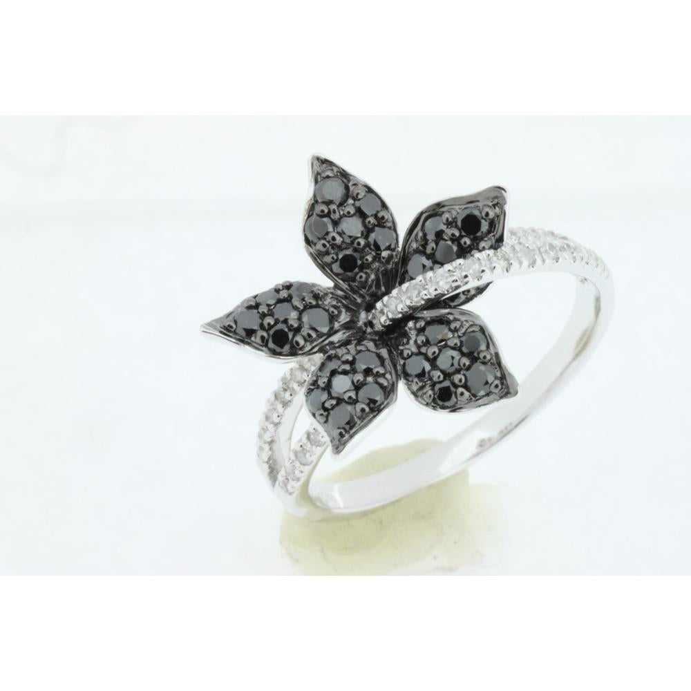 Royal 14K White Gold Black & White Diamond Flower Ring - 0.62 Carat Total Diamond Weight