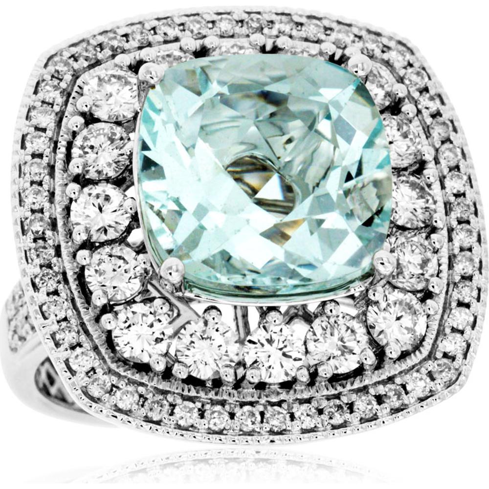 Royal 14K White Gold Cushion Cut Aquamarine and Diamond Halo Ring - 6.15 Carat Aquamarine, 2.15 Carat Total Diamond Weight