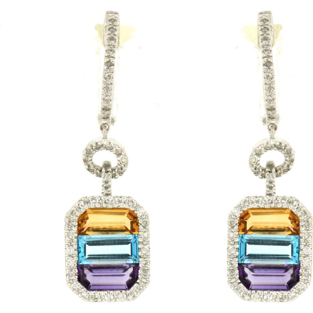 Royal 14K White Gold Diamond & Multi-Color Earrings featuring Emerald, Blue Topaz, and Amethyst gemstones with a total gem weight of 4.95 carats