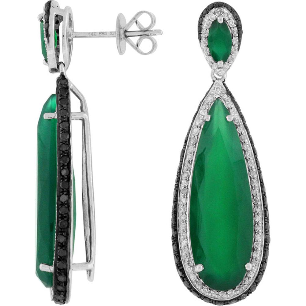 Royal 14K White Gold Diamond, Black Diamond & Green Agate Pear-Shaped Earrings - 0.40 Carat Total Diamond Weight