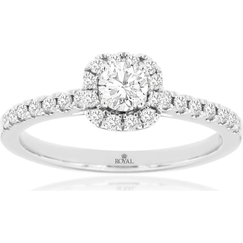 14K white gold engagement ring with a pav&eacute;-set diamond halo