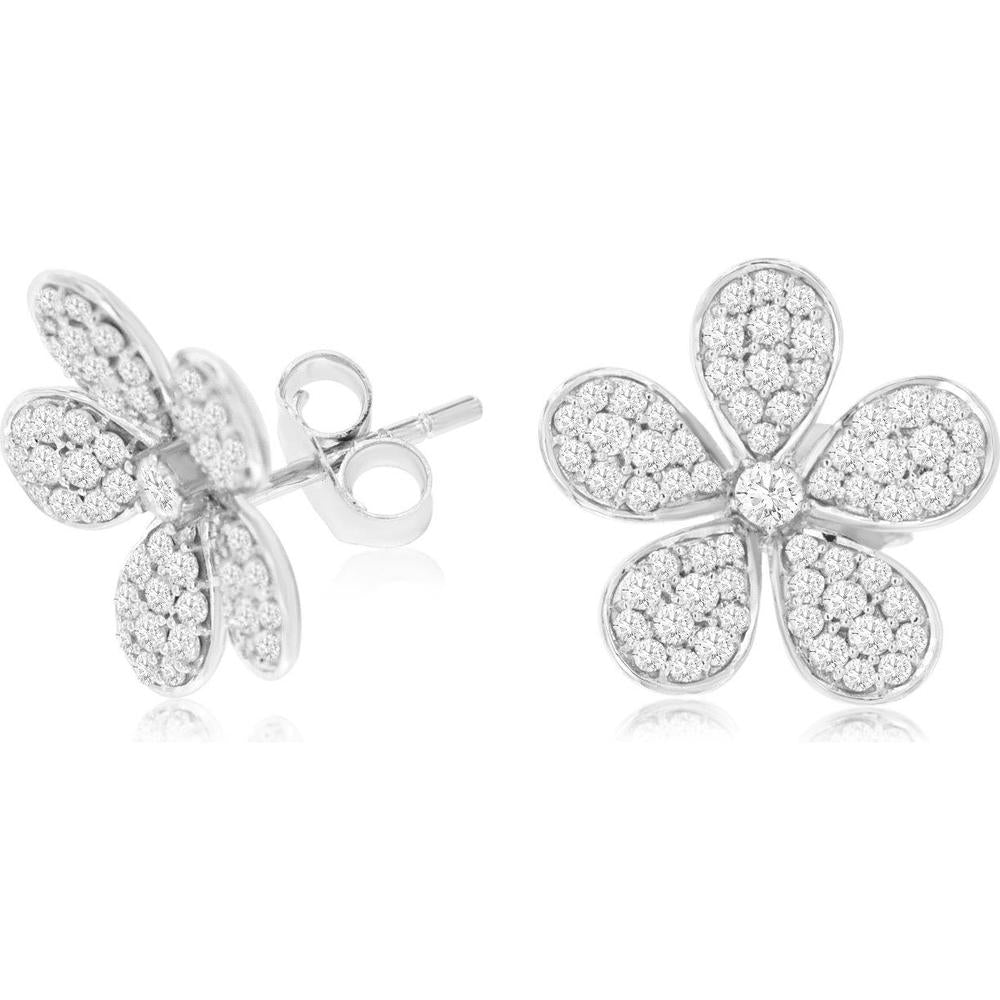 Royal 14K White Gold Floral Stud Earrings with Pav&eacute; Set Round Diamonds