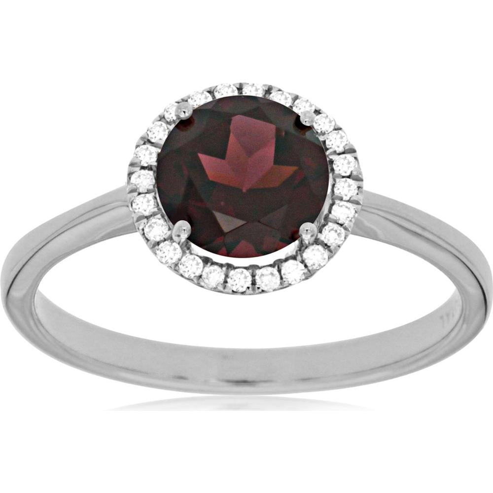 14K White Gold Garnet and Diamond Halo Ring with 1.55 Carat Garnet and 0.10 Carat Diamonds