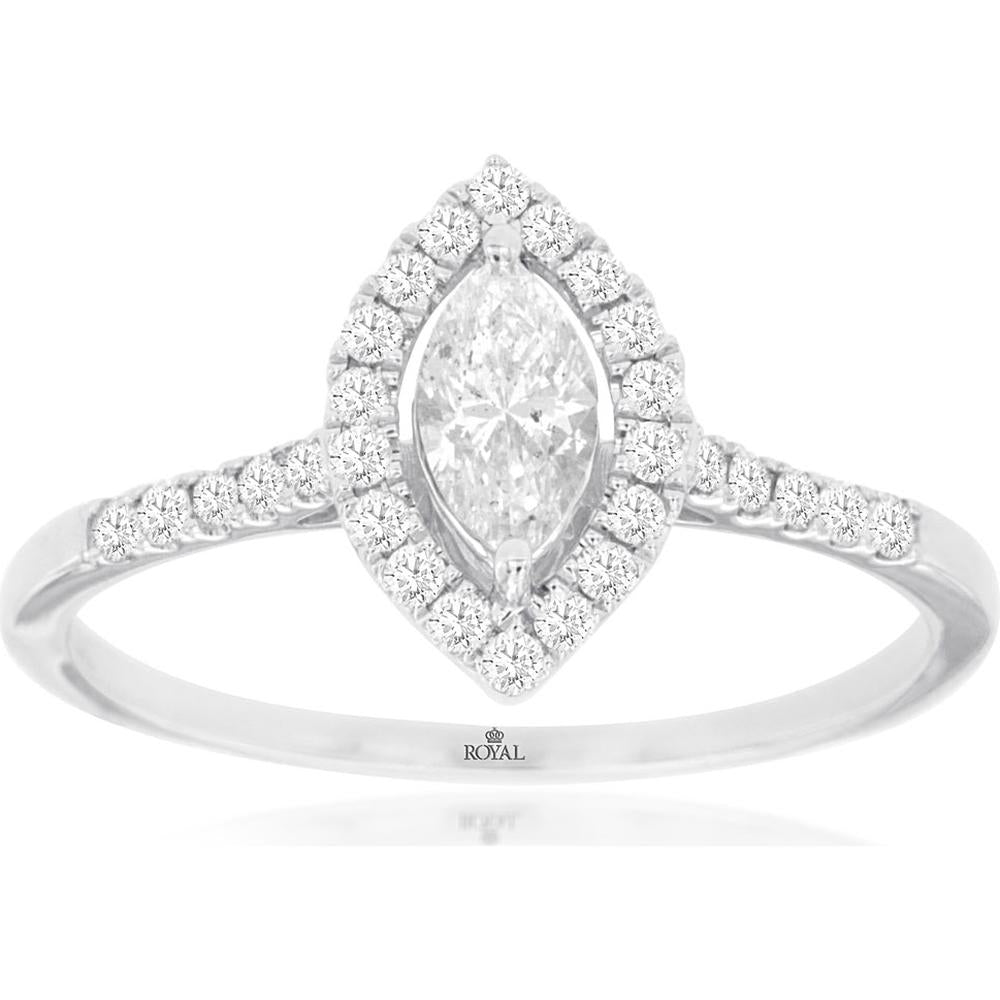 14k White Gold Marquise Diamond Engagement Ring with Pave Diamond Halo