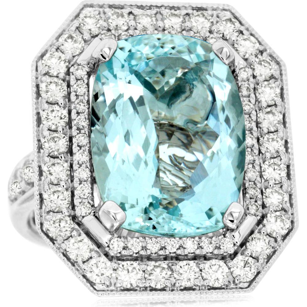 14k White Gold Ring with Cushion-Cut 12.85 Carat Aquamarine and 1.55 Carat Diamond Halo