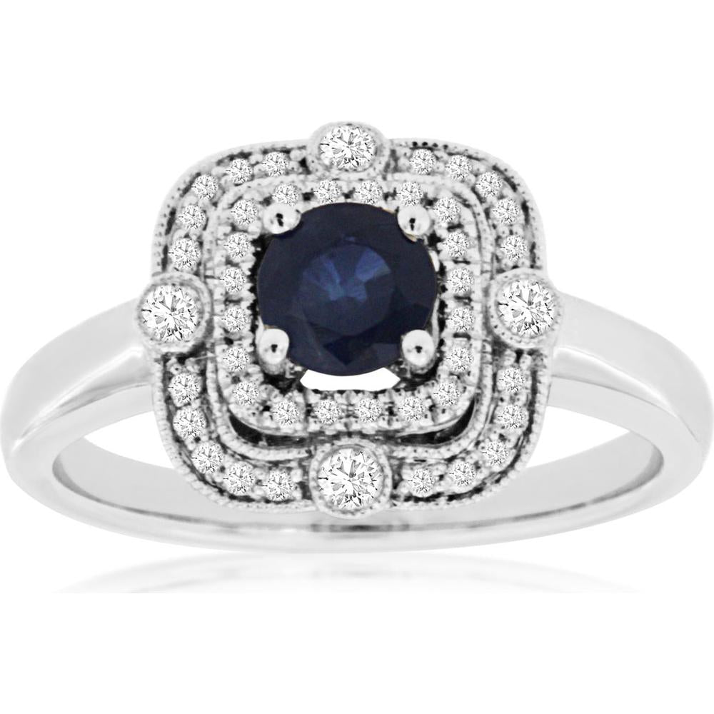 Royal 14K White Gold Sapphire and Diamond Halo Ring with intricate milgrain detailing