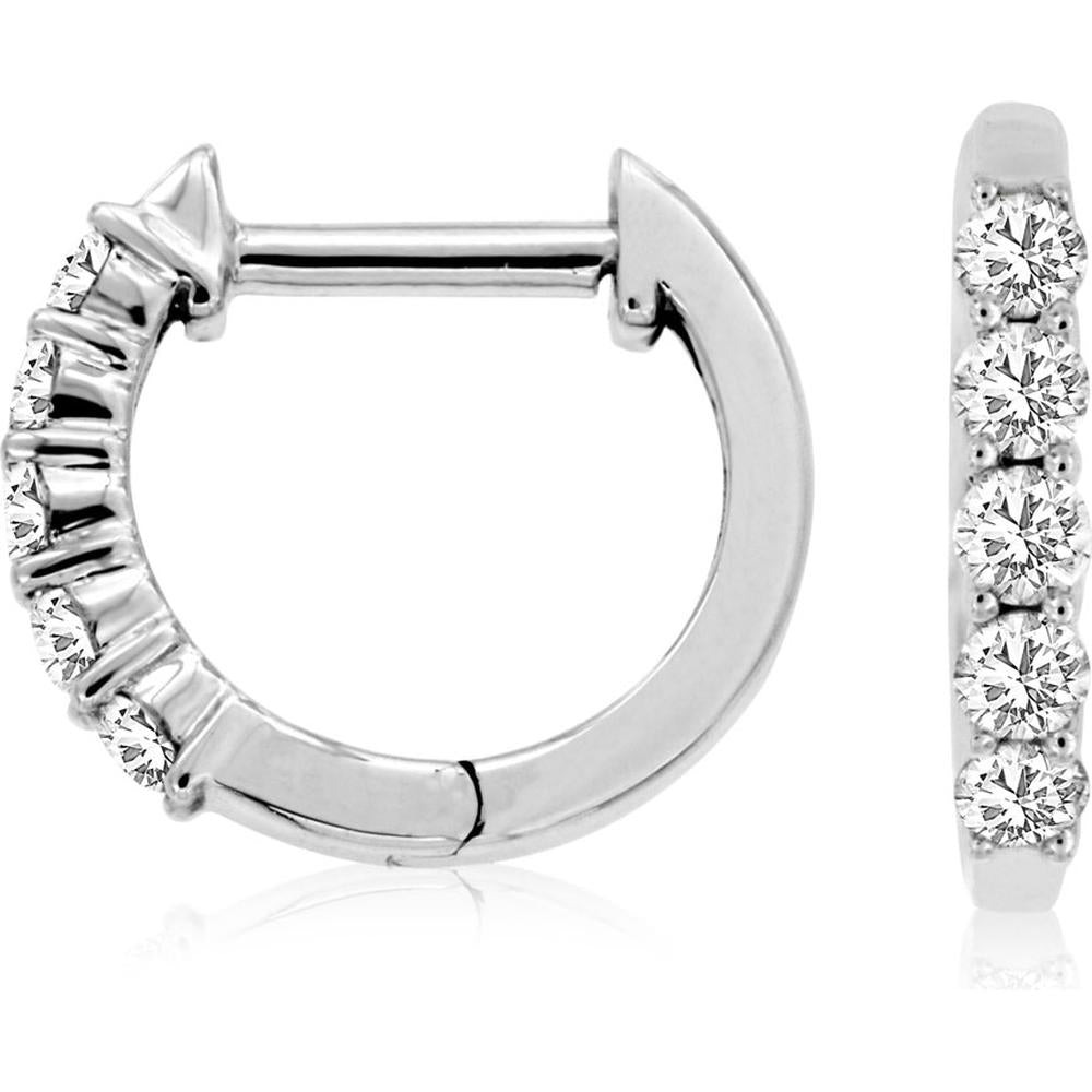 14k White Gold Small Hoop Earrings with Prong Set Round Diamonds