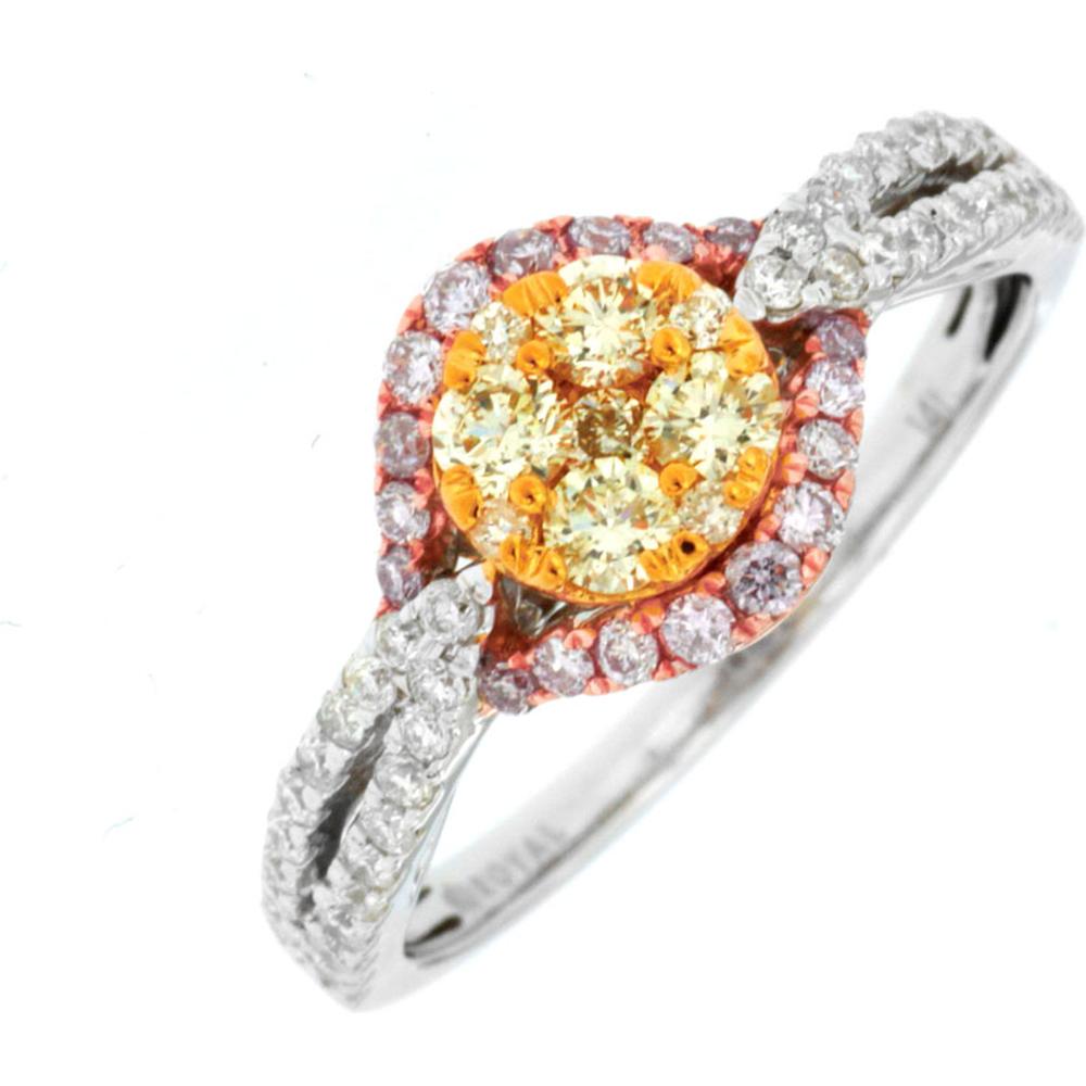 Royal 14K White Gold Tricolor Diamond Ring with 0.30 Carat Main Stone and Yellow and Pink Accents