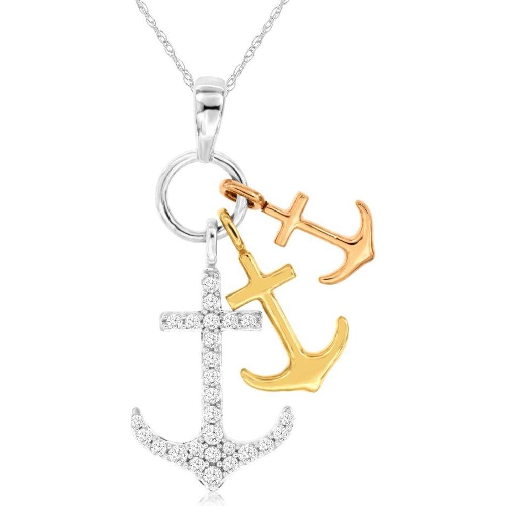 14k White, Yellow, and Rose Gold Anchor Charm Diamond Pendant Necklace