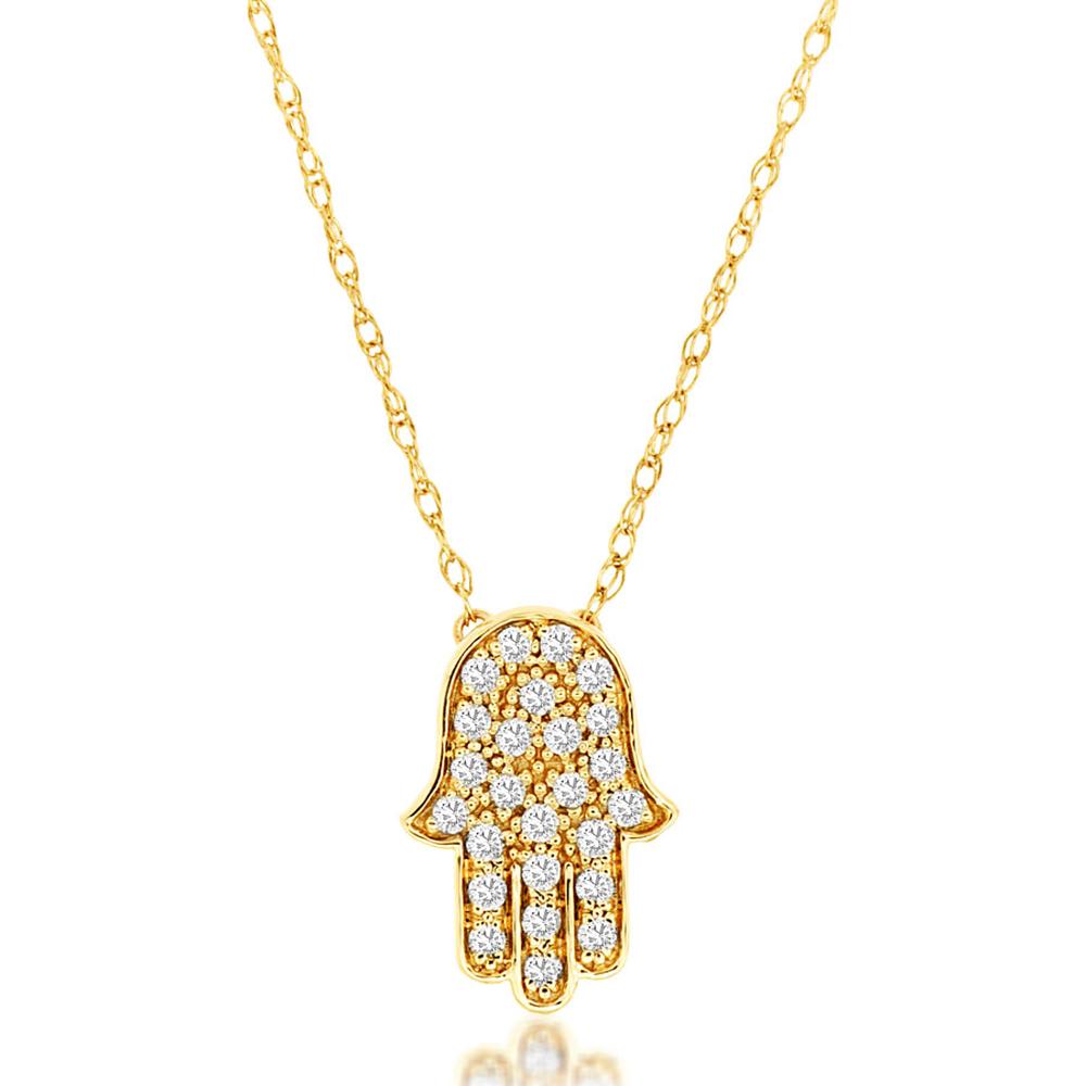 Royal 14K Yellow Gold Hamsa Hand Necklace with Pav� Set Diamonds, 0.13 Carat Total Diamond Weight