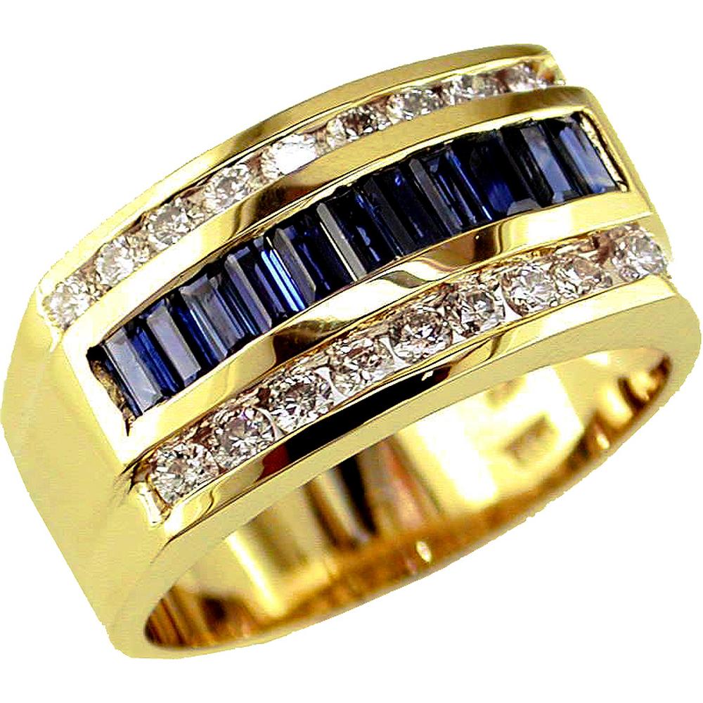 Royal 14K Yellow Gold Men's Band featuring baguette sapphires and round diamonds totaling 3.15 carats