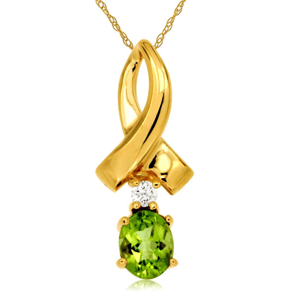 Royal 14K yellow gold pendant featuring vibrant oval peridot and sparkling diamond