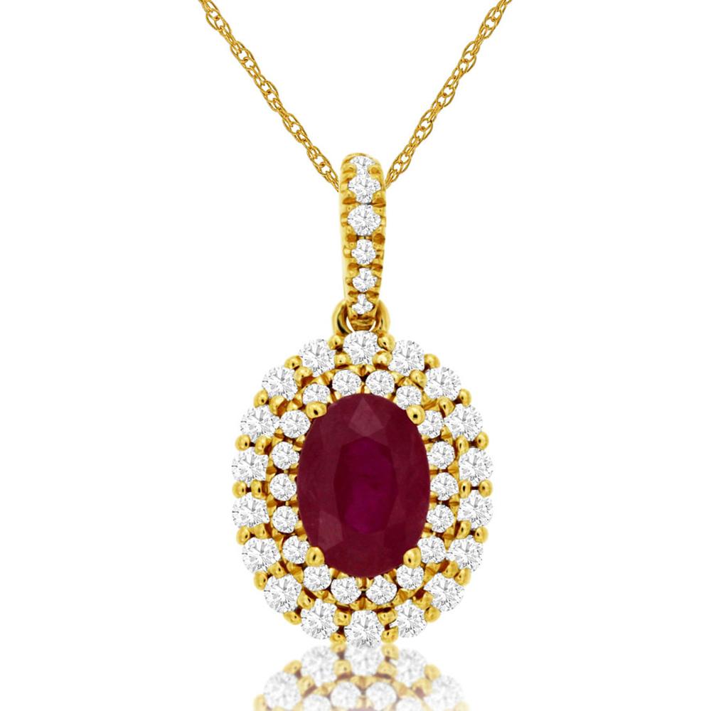 Royal 14K Yellow Gold Pendant with Oval Ruby and Halo of Round Diamonds