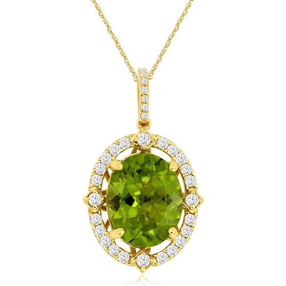 14K Yellow Gold Peridot and Diamond Halo Pendant with 4.85 Carat Peridot