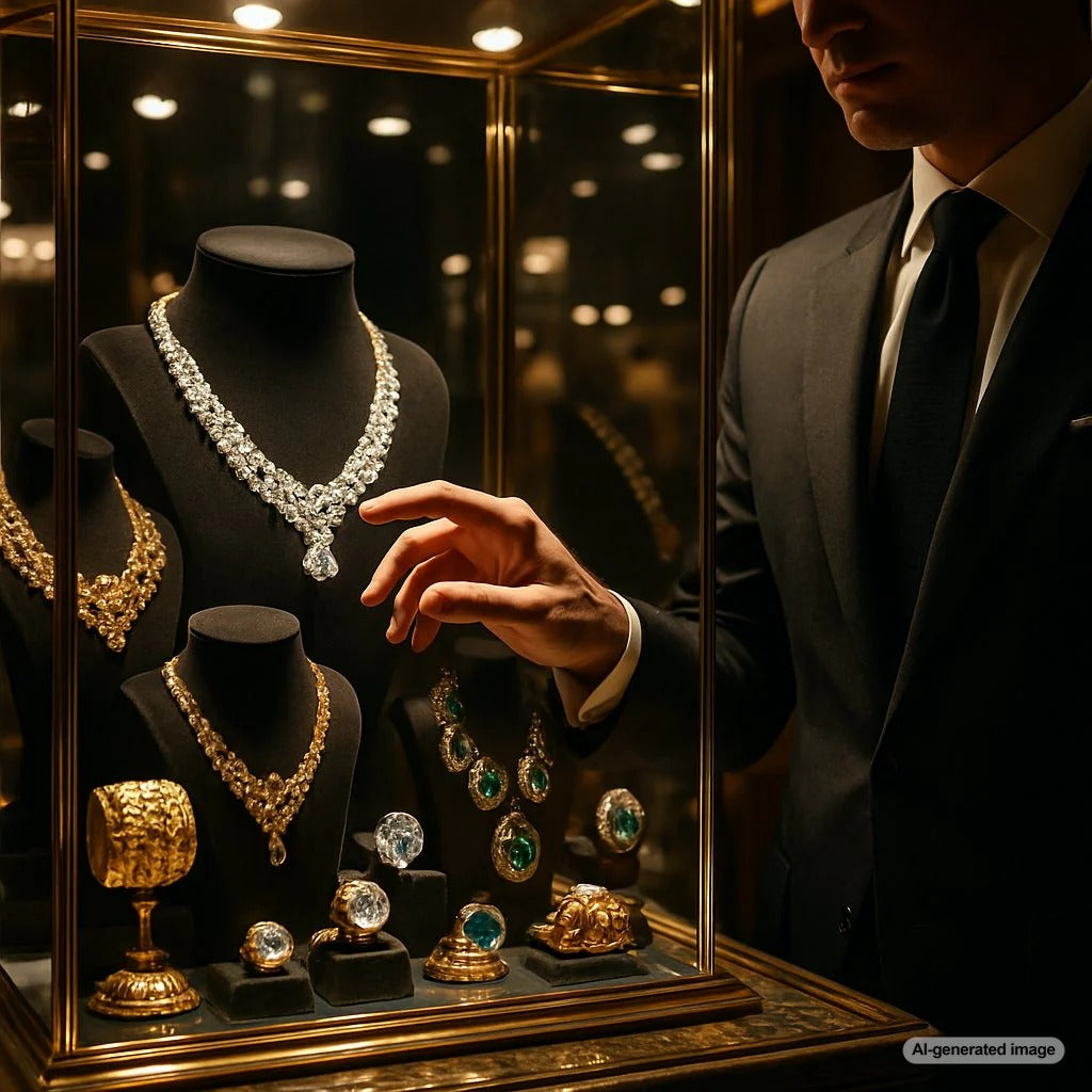 A dramatic close-up of a historic diamond and emerald crown jewel on dark velvet, symbolizing the priceless treasures targeted in famous heists.