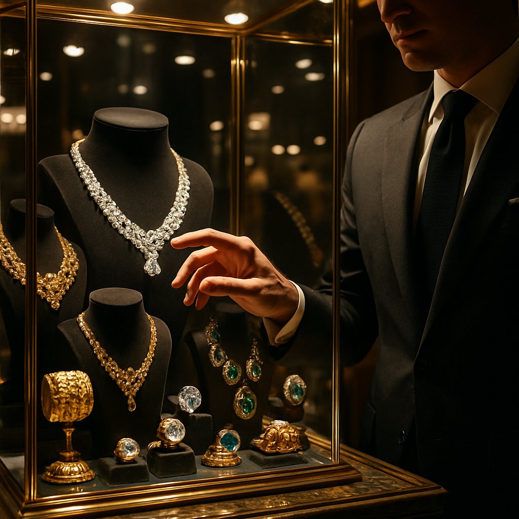 A dramatic close-up of a historic diamond and emerald crown jewel on dark velvet, symbolizing the priceless treasures targeted in famous heists.