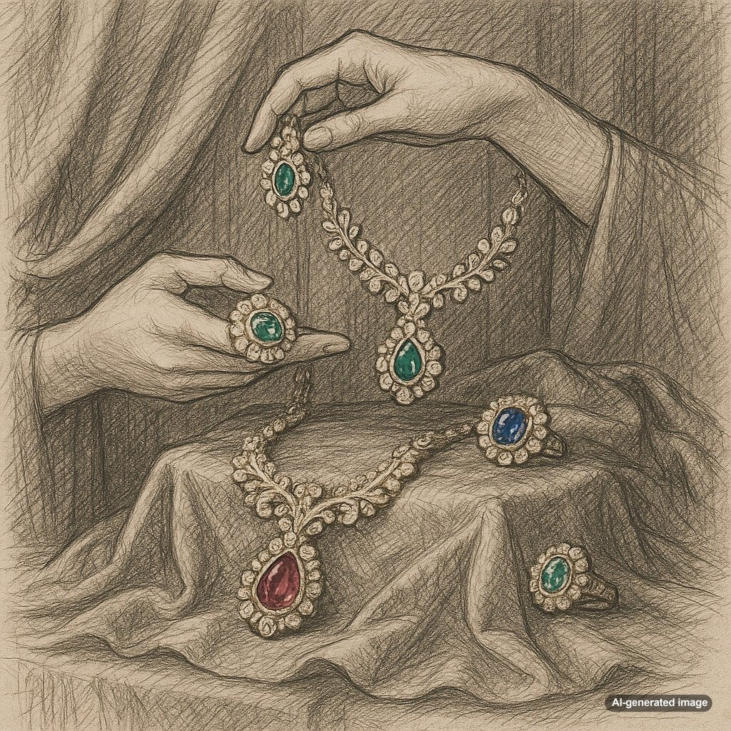 An ornate vintage emerald and diamond necklace displayed on dark velvet, reminiscent of forgotten royal treasures.