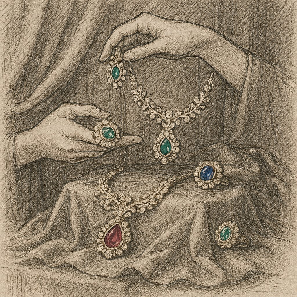 An ornate vintage emerald and diamond necklace displayed on dark velvet, reminiscent of forgotten royal treasures.