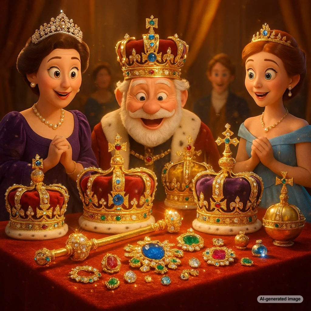 A dazzling display of royal crown jewels featuring diamonds, sapphires, and pearls set in gold and platinum