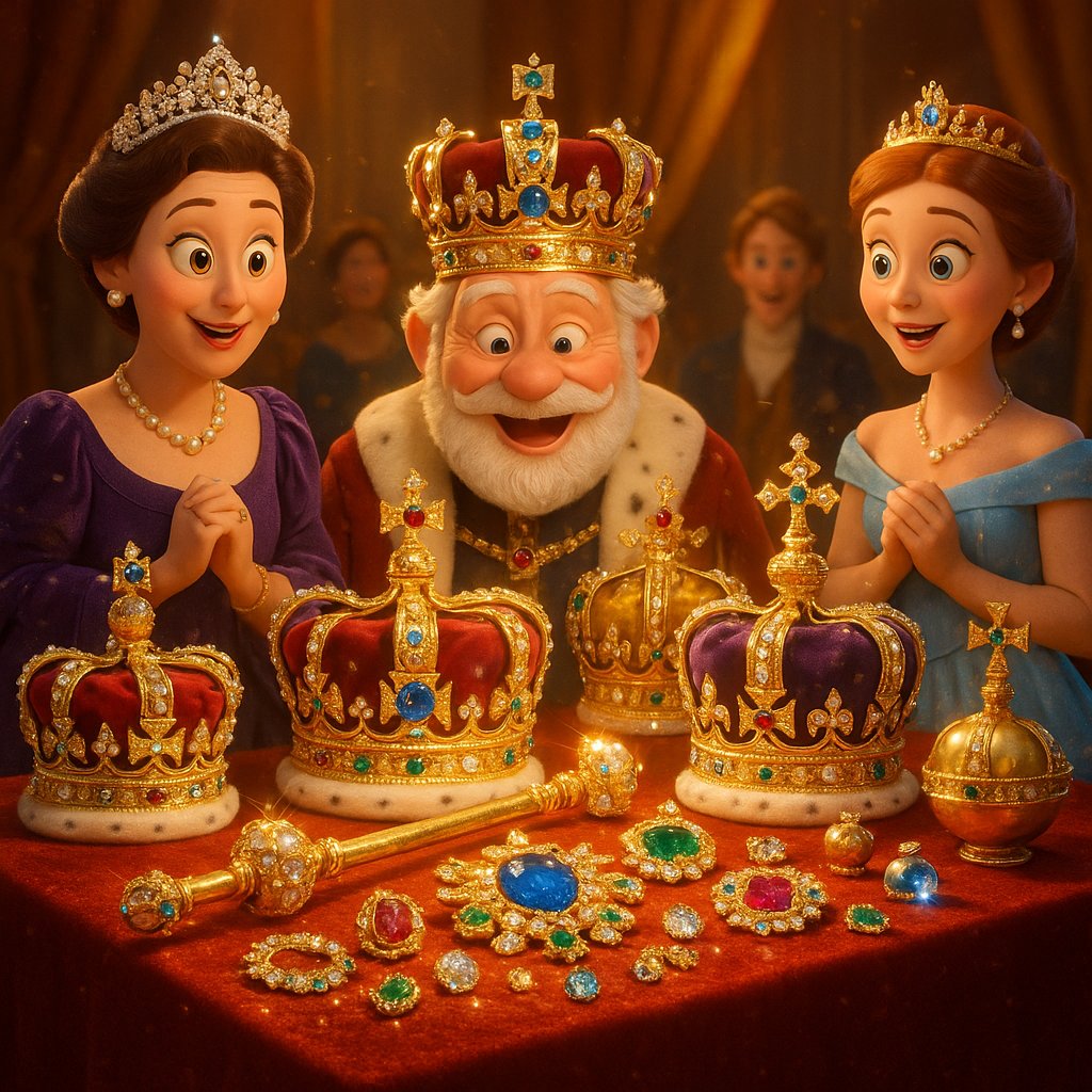 A dazzling display of royal crown jewels featuring diamonds, sapphires, and pearls set in gold and platinum