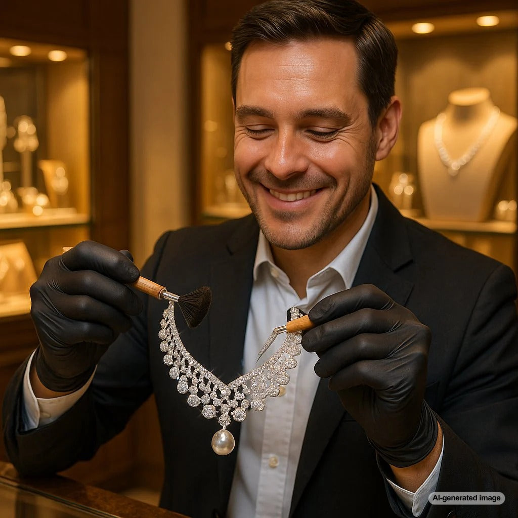 Close-up of a diamond and pearl ring being gently cleaned with a soft cloth at Robinson's Jewelers