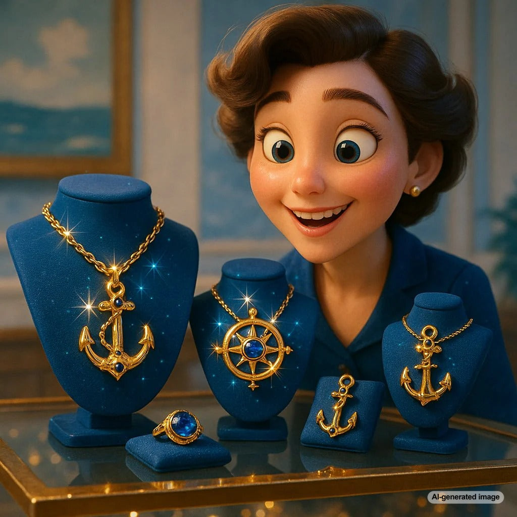 An elegant assortment of nautical-themed jewelry including anchor pendants, sailor's knot bracelets, and shell motifs on a background of weathered rope and navy blue fabric.