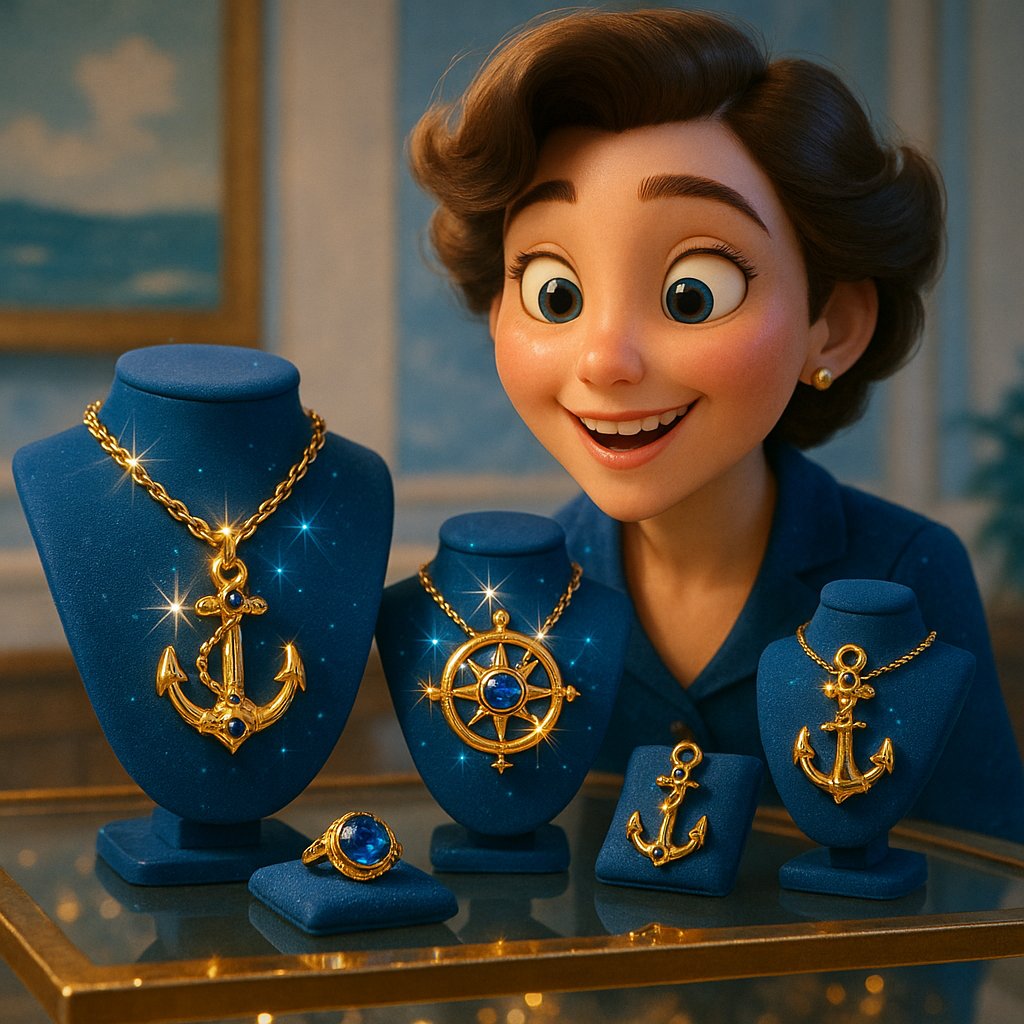 An elegant assortment of nautical-themed jewelry including anchor pendants, sailor's knot bracelets, and shell motifs on a background of weathered rope and navy blue fabric.