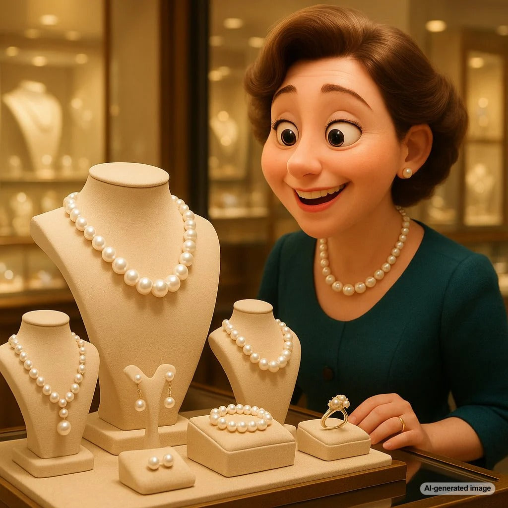 A beautiful comparison of lustrous saltwater and freshwater pearl necklaces laid out on a blue velvet background