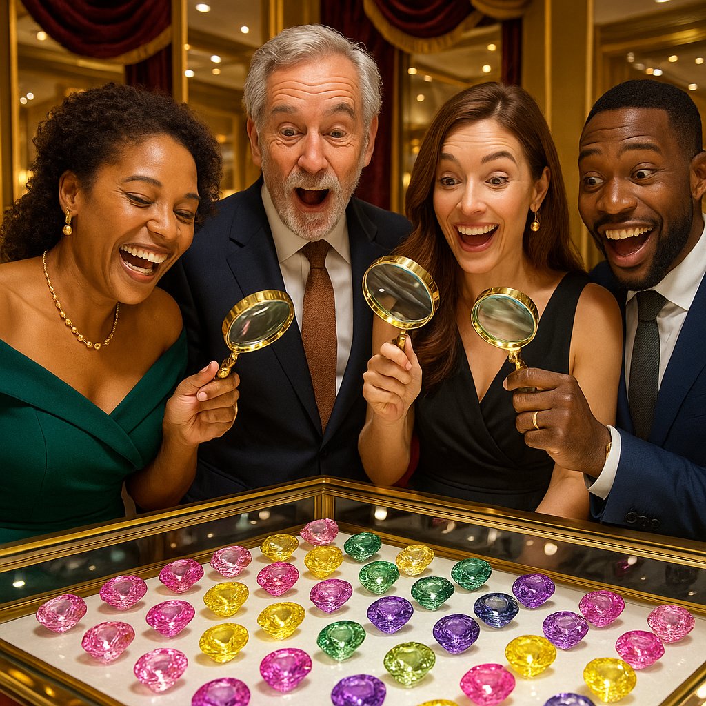 A stunning assortment of fancy sapphire rings in every color of the rainbow on a black background