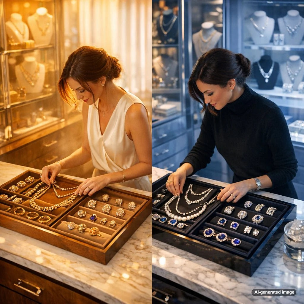 A curated selection of fine jewelry including rings, earrings, and a necklace neatly organized in a soft, lined jewelry box, illustrating the concept of proper seasonal storage.