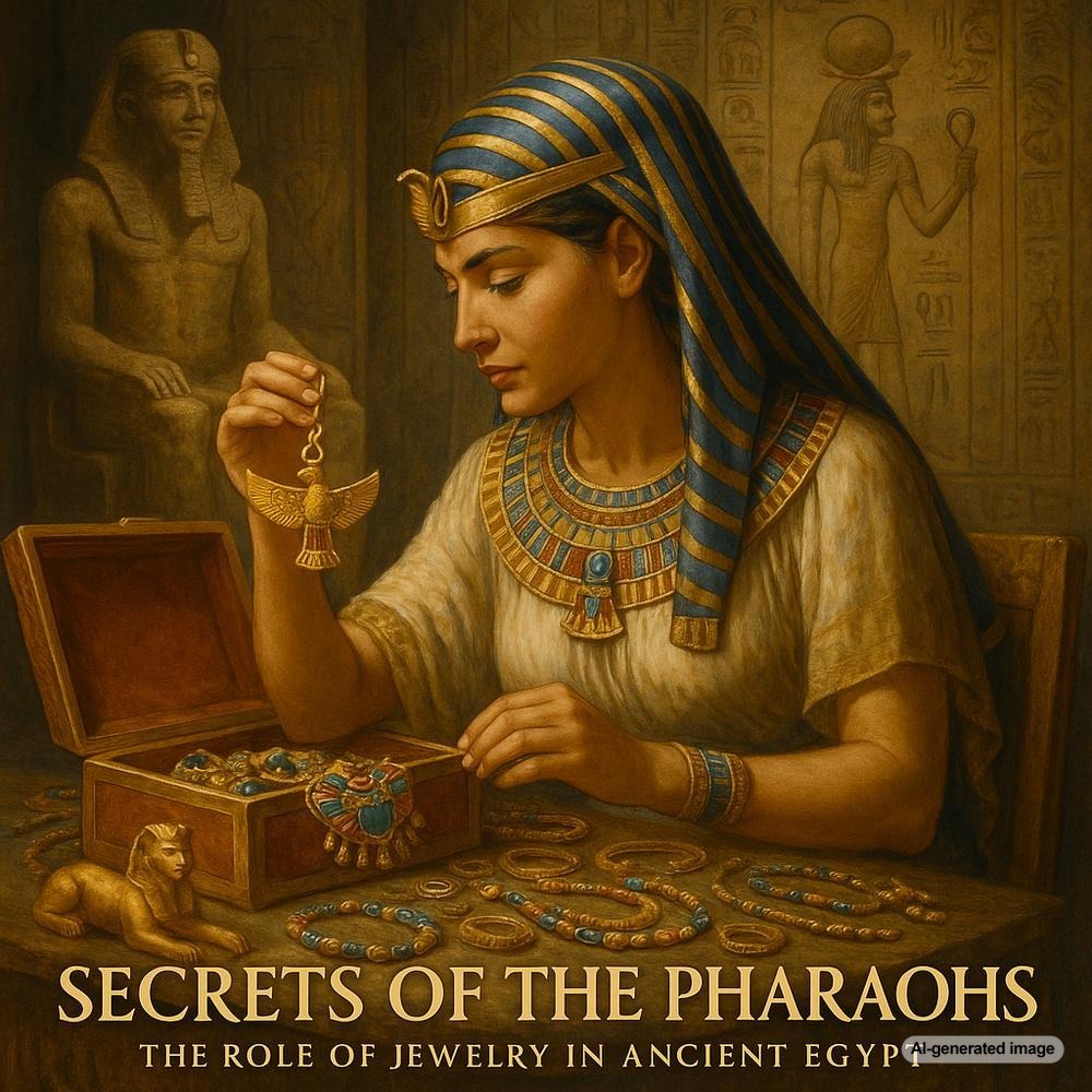 Ancient Egyptian jewelry featuring gold necklaces, lapis lazuli bracelets, and symbolic amulets displayed on black velvet