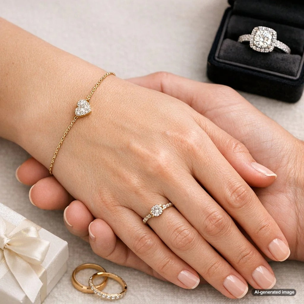 Close up of a womans hands holding two rings, one modest and one extravagant, symbolizing that sentimental value outweighs price at Robinsons Jewelers.