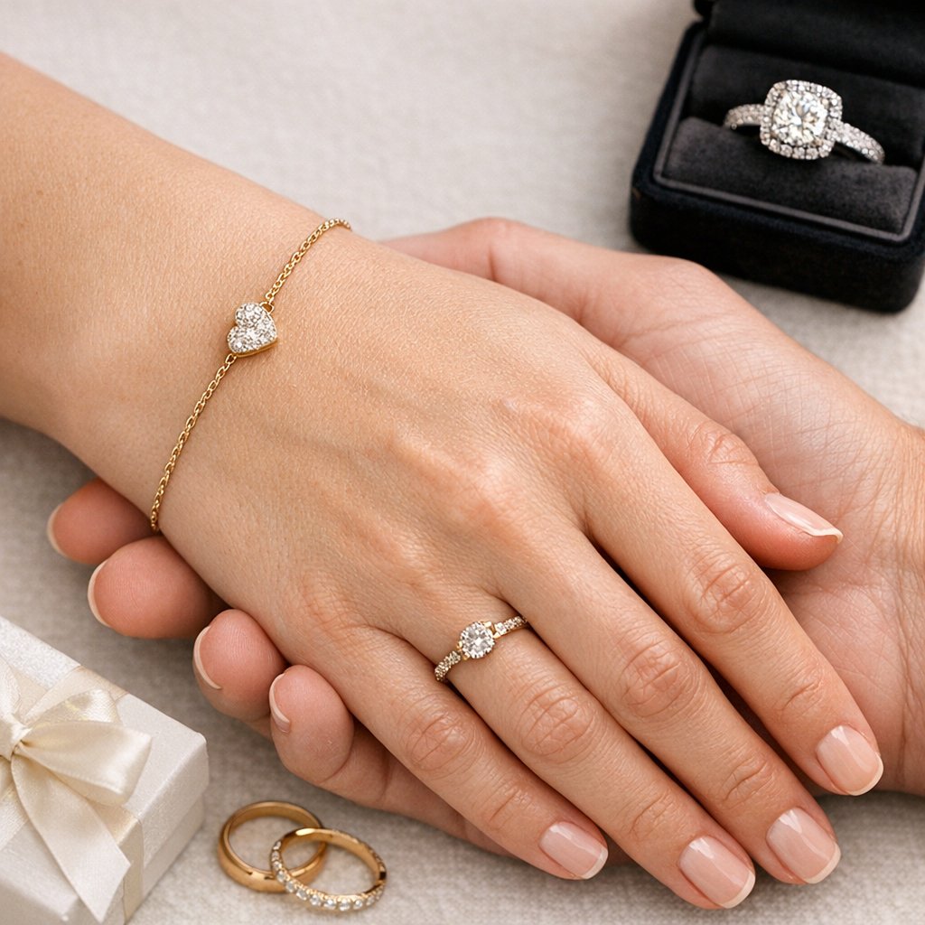 Close up of a womans hands holding two rings, one modest and one extravagant, symbolizing that sentimental value outweighs price at Robinsons Jewelers.
