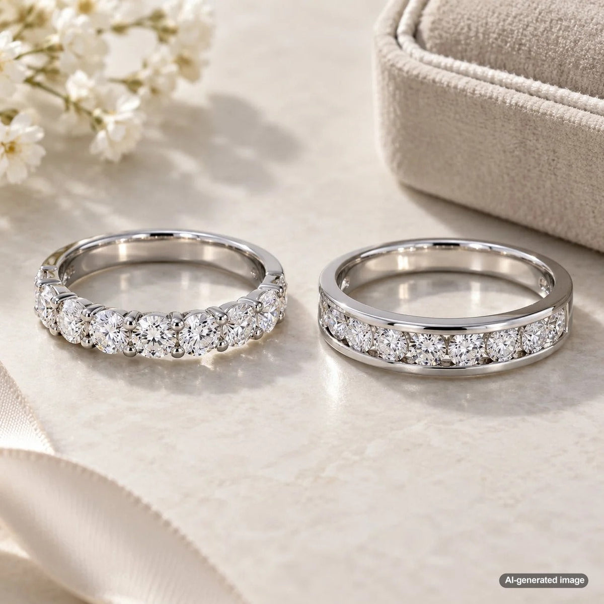 Shared-prong and channel-set diamond wedding bands compared for everyday wear