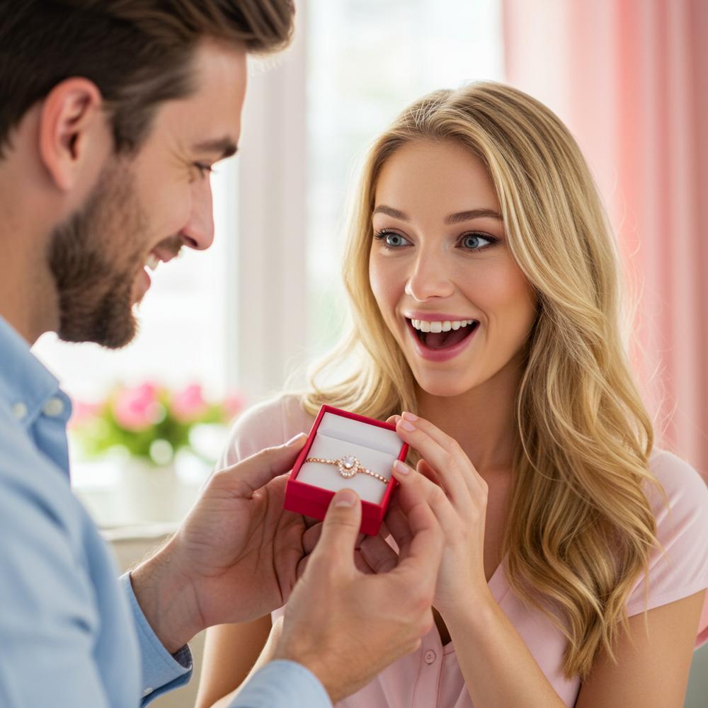 A husband gifting jewelry to his wife on Mother's Day