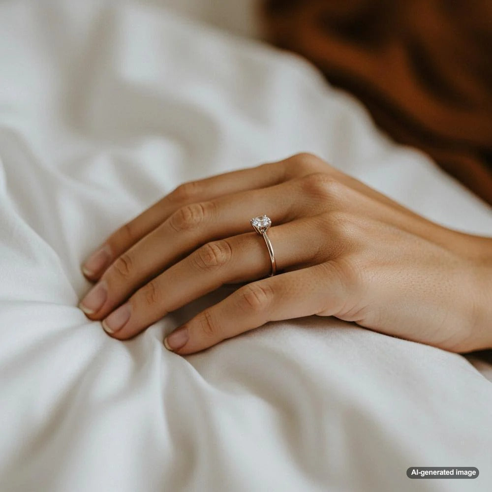 Woman's hand with diamond engagement ring resting on a pillow