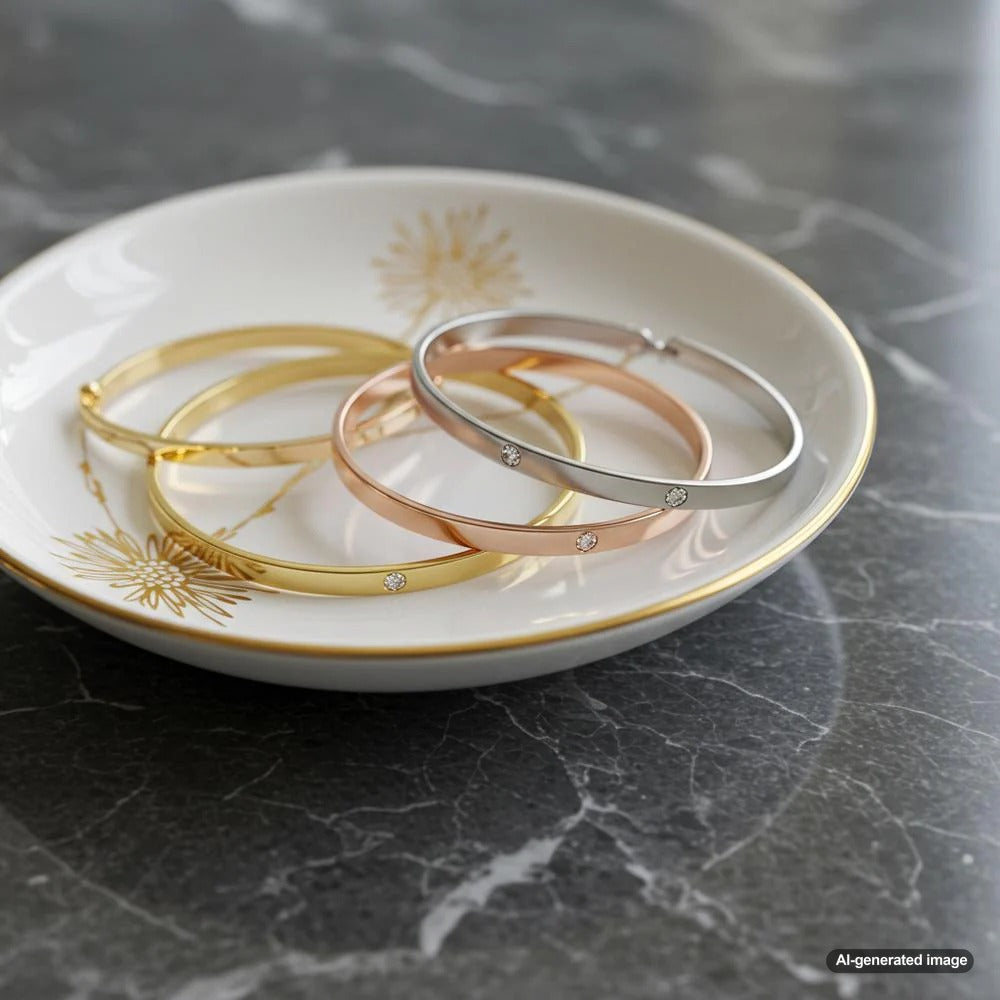 Yellow, white, and rose gold jewelry displayed together