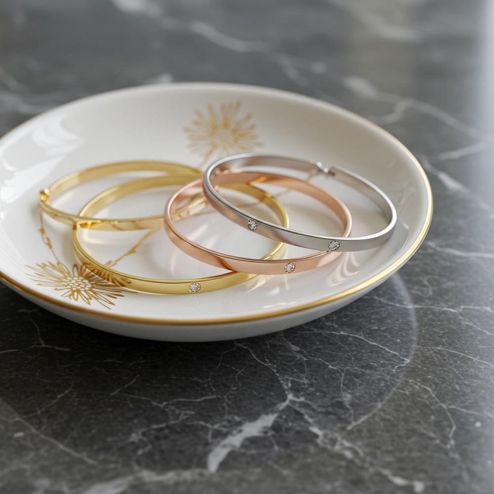 Yellow, white, and rose gold jewelry displayed together