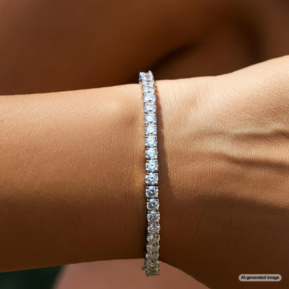 Woman wearing a diamond tennis bracelet with a perfect fit