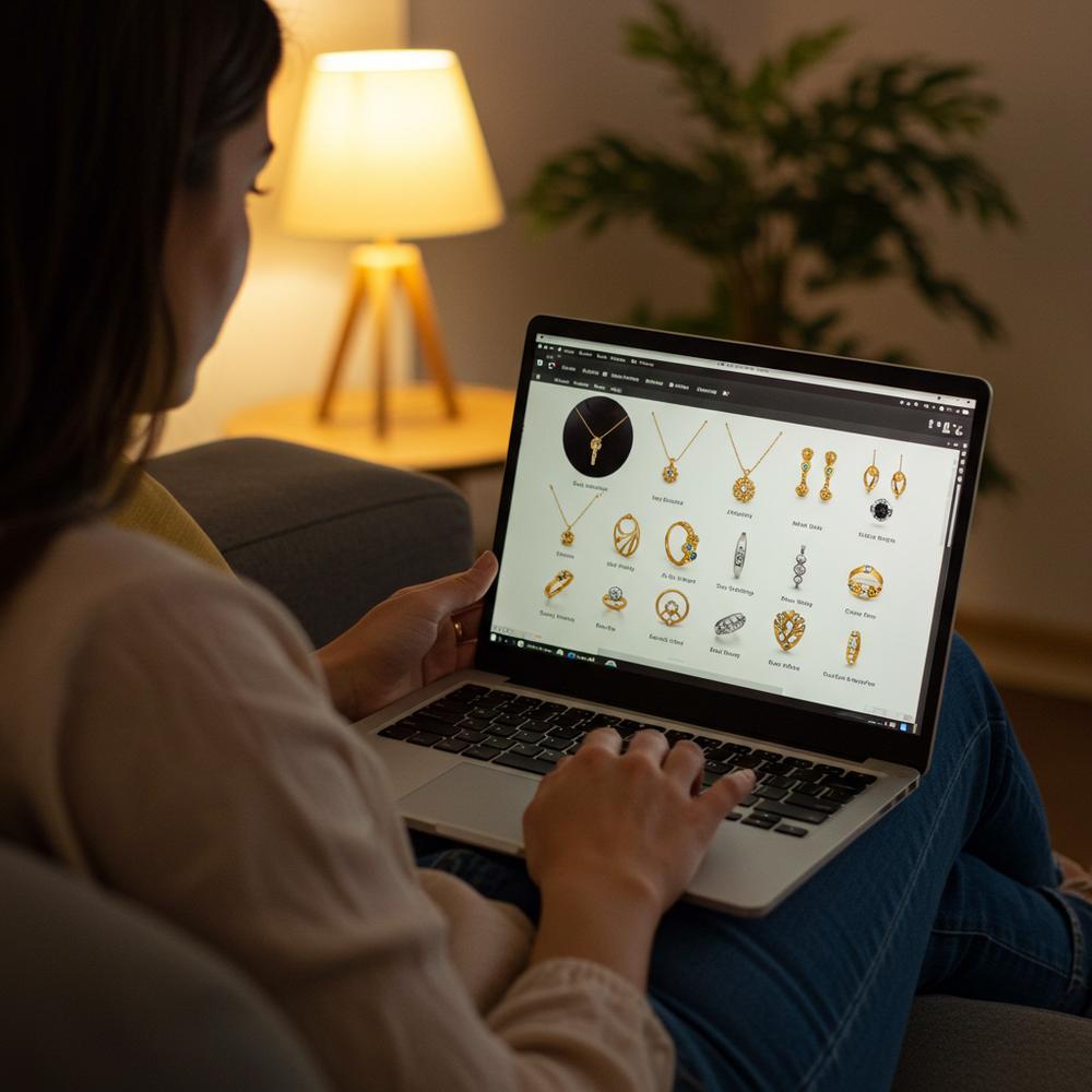 Woman comparing jewelry shopping online versus in-store at Robinson's Jewelers