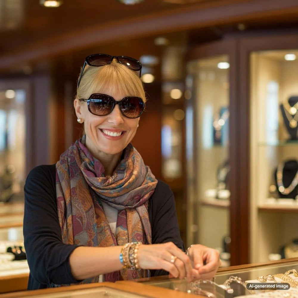 A woman browsing jewelry on a cruise ship