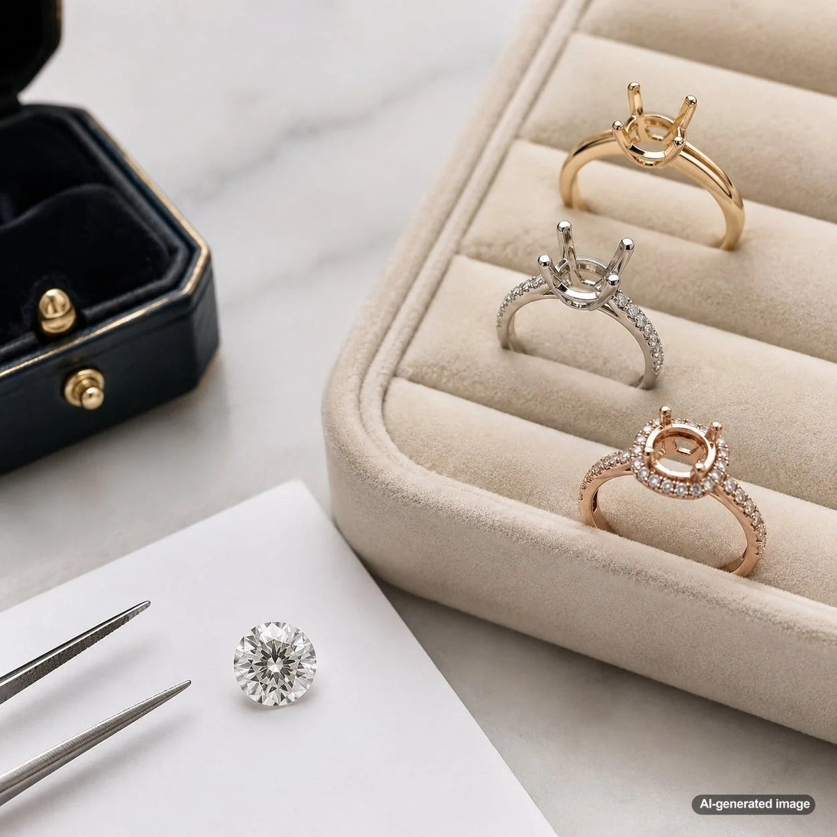 Loose diamond beside an elegant engagement ring setting for a custom bridal design