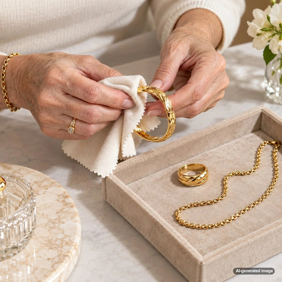 Gold jewelry being gently cleaned before taking it to a jeweler to sell