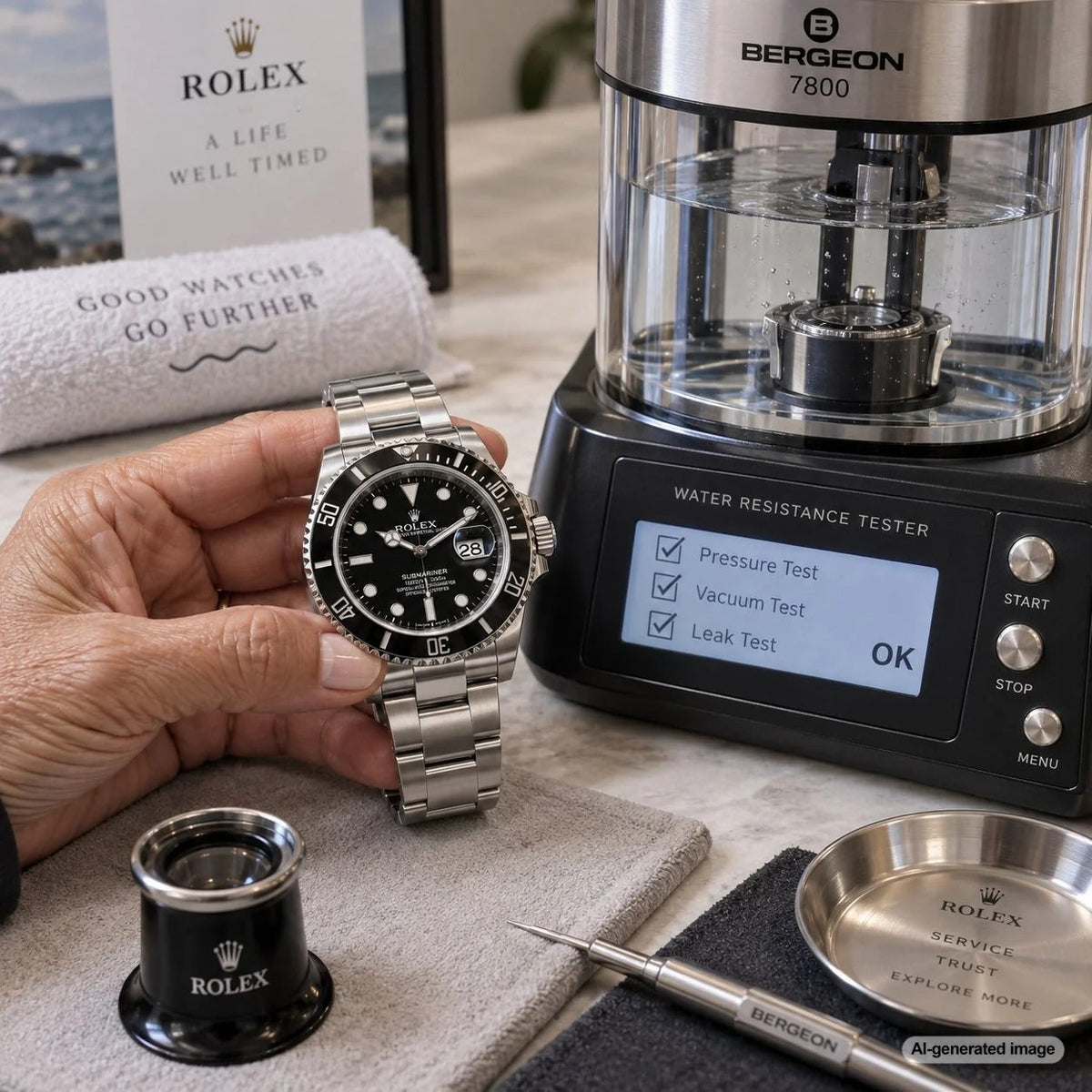 Pre-owned Rolex wristwatch beside a swimming pool before professional pressure testing