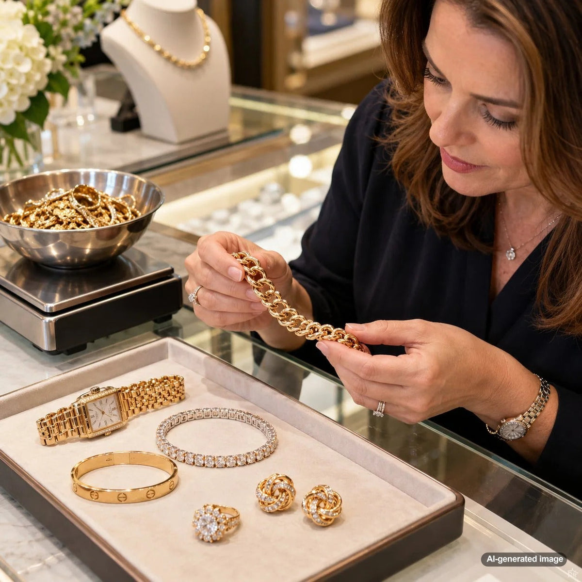 Luxury designer gold jewelry displayed for comparison of scrap gold value and finished-piece resale value